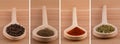 Spices in wood spoons (pepper, oregano, paprika)