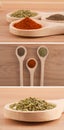 Spices in wood spoons (pepper, oregano, paprika)