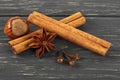 Spices on wooden background. Cinnamon, nuts, anise and cloves. Christmas background Royalty Free Stock Photo