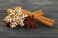 Spices on wooden background. Cinnamon sticks, anise and gingerbread