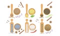 Spices in Wooden Bowl Set, Peppercorns, Sesame, Fennel Seeds, Himalaya Salt Vector Illustration