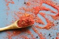 Spices in a wooden spoon. Various Indian spices on black stone table Royalty Free Stock Photo