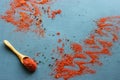 Spices in a wooden spoon. Various Indian spices on black stone table Royalty Free Stock Photo