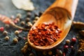 Spices in wooden spoon. Various Indian spices on black stone table. Spice and herbs on slate background. Cooking Royalty Free Stock Photo