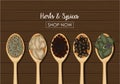 Spices in wooden spoons over wooden background Royalty Free Stock Photo