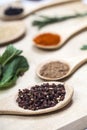 Spices on wooden spoons