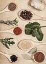 Spices on wooden spoons