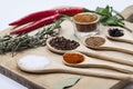 Spices on wooden spoons