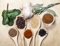 Spices on wooden spoons