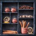 Spices in a wooden tray. Collage. Royalty Free Stock Photo