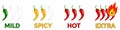 Spiciness scale for chili or hot spicy food - green, yellow and red pepper icon with text below Royalty Free Stock Photo