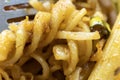 Spicy asian noodles with pasta. Instant noodles, macro view