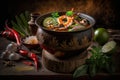 Spicy Asian Soup Cuisine In Bowl On Wooden Table - Generative AI