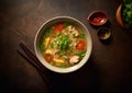 Spicy asian soup with noodles and vegetables.Top view.AI Generative