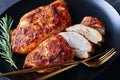 Spicy baked chicken breasts on a black plate