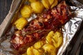 Spicy barbecue pork ribs and crushed smashed potatoes. Slow cooking recipe Royalty Free Stock Photo