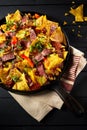 Spicy beef entrecote steak, chilis and nachos Royalty Free Stock Photo