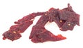 Spicy beef jerky isolated on white background. Portion of beef jerky pieces Royalty Free Stock Photo
