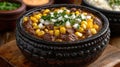 Spicy beef stew corn bowl, rustic kitchen, Mexican food Royalty Free Stock Photo