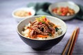 spicy beef teriyaki bowl with chili flakes and sesame Royalty Free Stock Photo