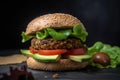 Spicy black bean burger, with patty made of black beans, and spices, topped with salsa, avocado and lettuce on a whole Royalty Free Stock Photo