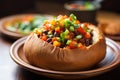 spicy black bean and sweet potato chili in a bread bowl