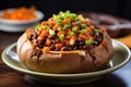 spicy black bean and sweet potato chili in a bread bowl