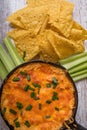 Flat lay Buffalo chicken dip with chps and celery Royalty Free Stock Photo
