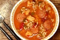 Spicy Cajun Chicken and Sausage Rice Gumbo on Table Royalty Free Stock Photo