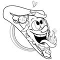 Spicy cartoon hot pizza character. Vector black and white coloring page