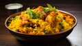 A spicy chicken biryani with colorful saffron rice Royalty Free Stock Photo