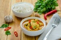 Spicy chicken breast in yellow curry sauce with garlic and chili  pepper with boiled rice in a bowl. Royalty Free Stock Photo