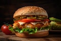 Spicy chicken burger, with a crispy fillet, pepper jack cheese, lettuce, tomato, and chipotle mayo on a whole wheat bun