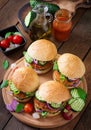 Spicy chicken burgers with tomato and eggplant - sandwich.