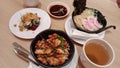 Spicy chicken rice sushi ramen soyu japanese food ocha drink Royalty Free Stock Photo