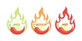 Spicy chili hot pepper, food spice level, spiciness level. Vector red pepper with flame fire icons Royalty Free Stock Photo