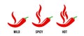 Spicy chili hot pepper, food spice level, vector red pepper fire flame icons Royalty Free Stock Photo