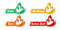 Spicy chili hot pepper level labels. Vector spicy food green mild, medium and red extra hot, jalapeno pepper fire flame Royalty Free Stock Photo