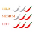 Spicy chili hot pepper level labels. Vector spicy food green mild, medium and red extra hot, jalapeno pepper fire flame, sauce