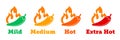 Spicy chili hot pepper vector icons. Spicy Mexican fast food menu or package level labels, mild, medium and extra hot red pepper Royalty Free Stock Photo