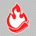 Spicy chili pepper and hot fire flame icon. Vector spicy fast food and sauce package fire burn label Royalty Free Stock Photo