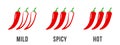 Spicy chili pepper level labels. Vector spicy food mild and extra hot sauce, chili pepper red outline icons Royalty Free Stock Photo