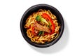 Spicy Chinese udon noodles with stir-fry veal and vegetables served in bowl Royalty Free Stock Photo