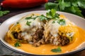 Spicy close-up of Chiles Rellenos with melted cheese and savory ground beef filling, garnished with fresh cilantro