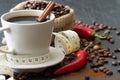 Spicy coffee with chili pepper and cinnamon with tape measure, natural way to support weight loss concept Royalty Free Stock Photo