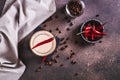 Spicy coffee latte with chili pepper in a glass on the table top view Royalty Free Stock Photo