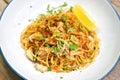 Spicy crab pasta, Seafood spaghetti with chilli pepper Royalty Free Stock Photo