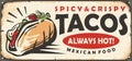 Spicy and crispy tacos retro tin sign Royalty Free Stock Photo