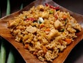 spicy and delicious fried rice with sliced chicken, carrots, bird's eye chilies, spring onions Royalty Free Stock Photo