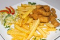 Spicy fast food: French fries with cheddar cheese, chili and chicken fillet, close-up sauce on a plate. Royalty Free Stock Photo